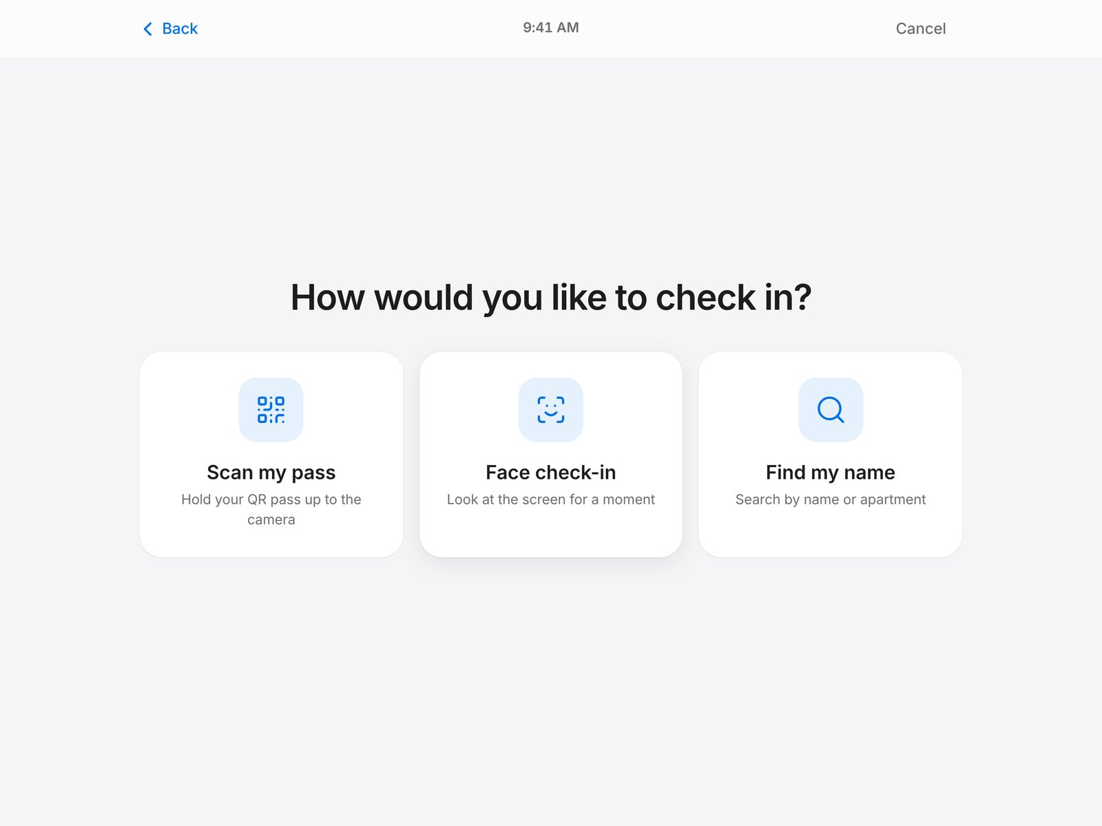 CoreFitness kiosk: choose how to check in, by QR pass, face or name