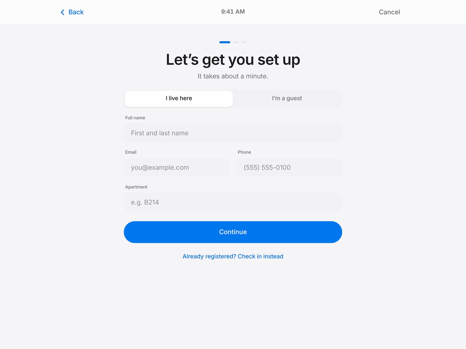 CoreFitness kiosk: new visitor registration form