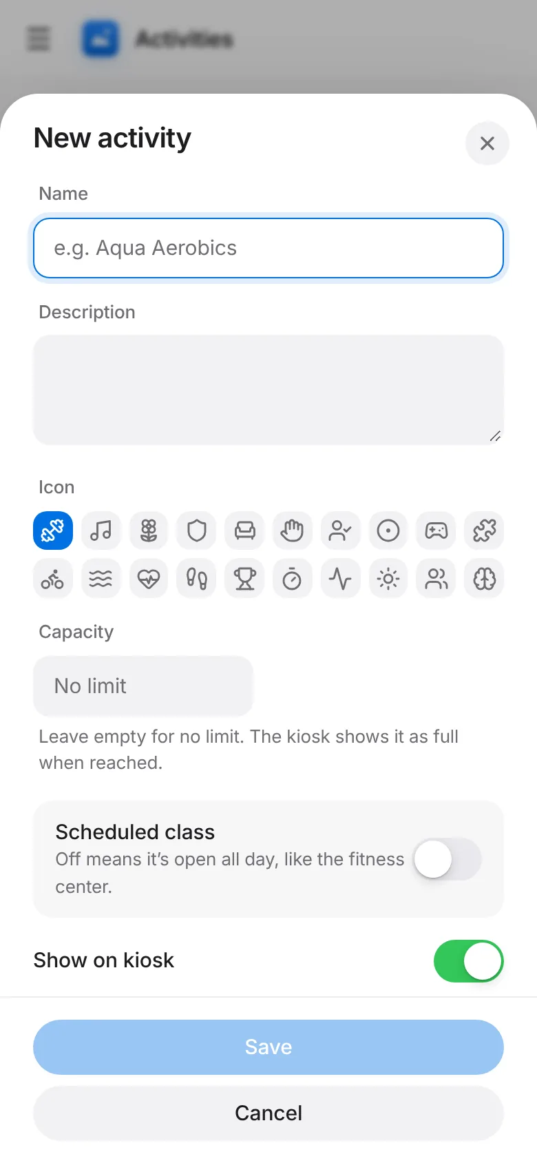 CoreFitness: Enter the title, an icon and a description, and tick whether it is active. Set a capacity if the room has a limit.