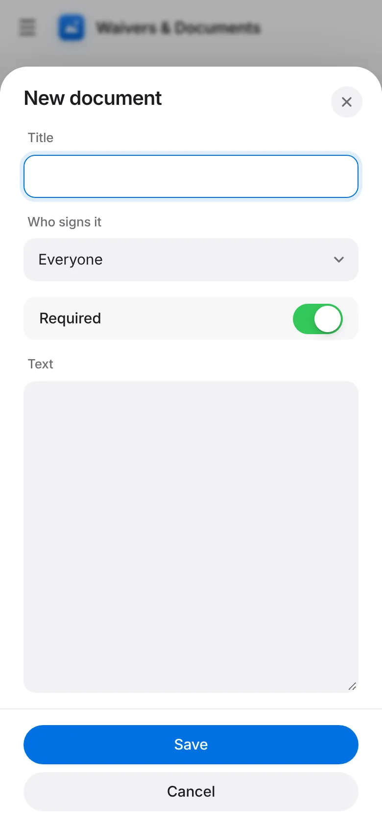 CoreFitness: Tap New Document, enter the title and text, choose the audience (everyone, residents or guests) and whether it is required. Save.