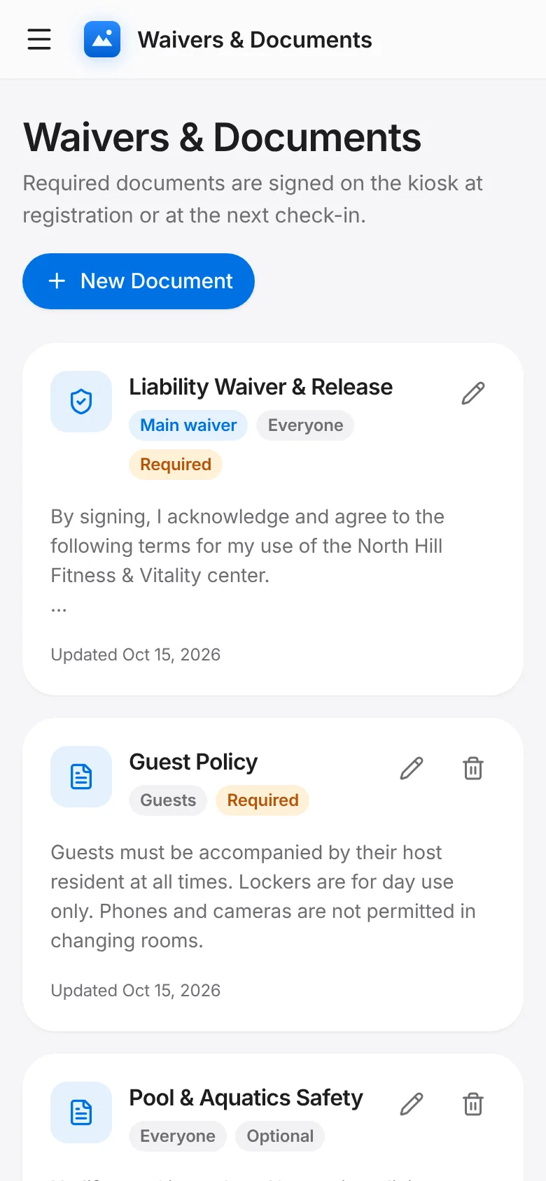 CoreFitness: Tap Waivers & Documents. The main waiver is signed by everyone at registration.