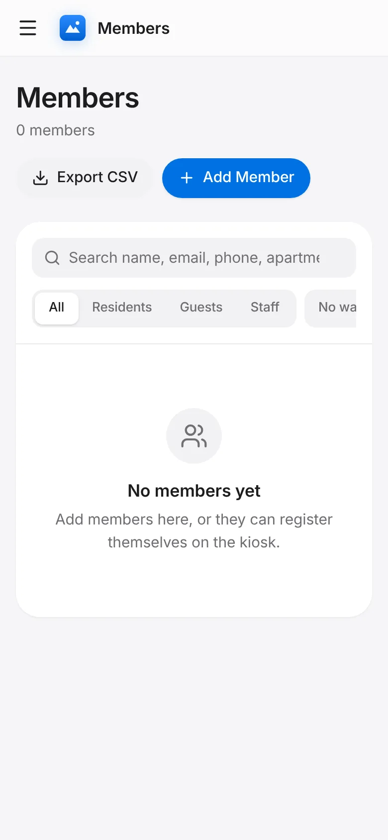 CoreFitness: Tap Members → Add Member.