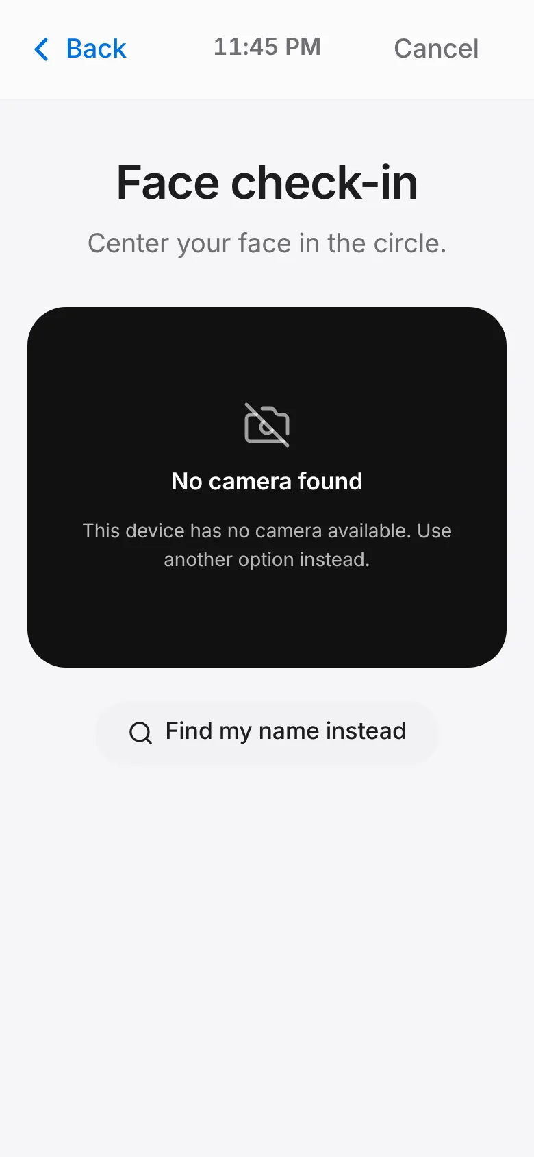 CoreFitness: Face check-in: centre your face in the circle and hold still for a moment.