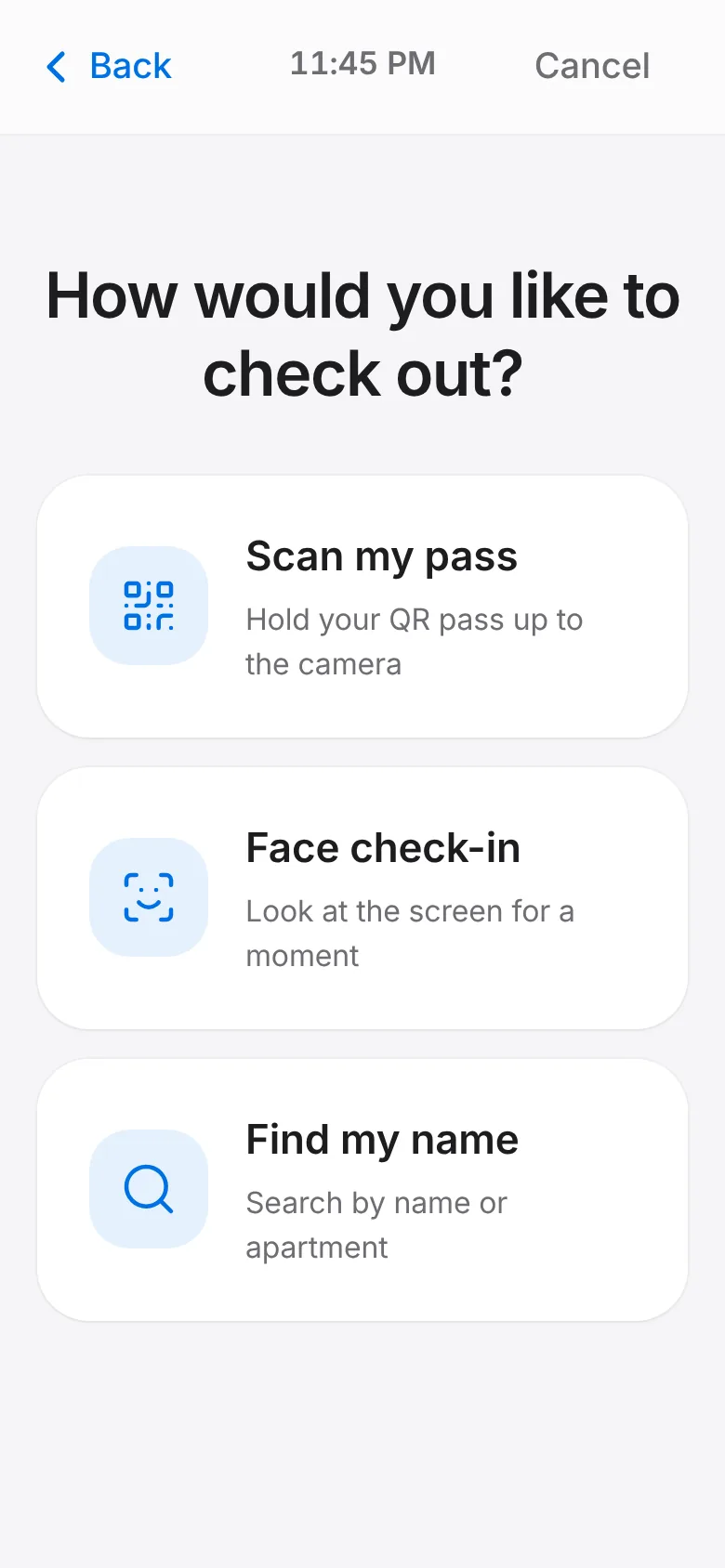 CoreFitness: On your way out, tap Check Out. If you forget, the visit closes itself at the automatic check-out time.