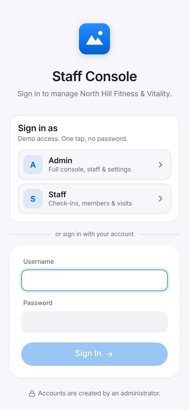 CoreFitness: Open the staff console and sign in with your staff account.