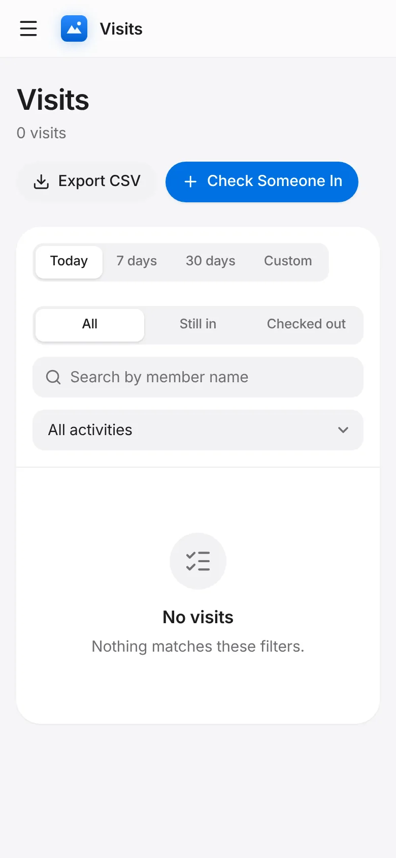 CoreFitness: Visits: every check-in, who is still in, and a Check Someone In button for the desk.