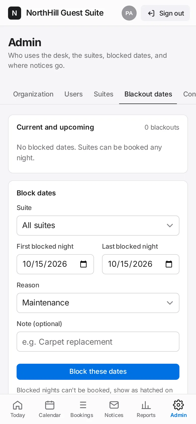 Guest Suite: Tap Admin → Blackout dates.
