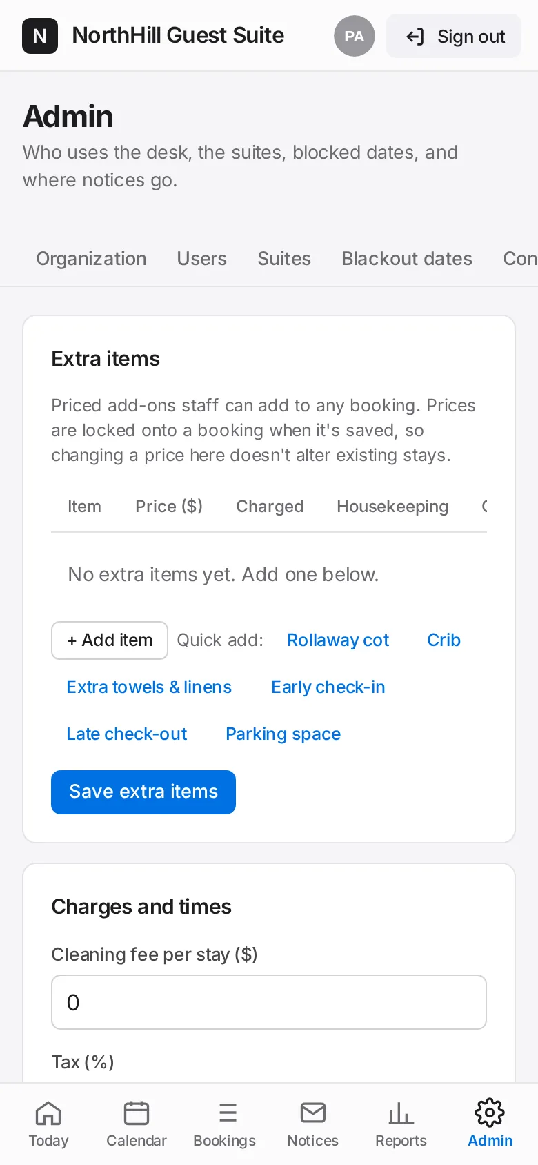 Guest Suite: Tap Charges & emails. Set the cleaning fee, tax, check-in and check-out times, and the wording of the visitor emails.