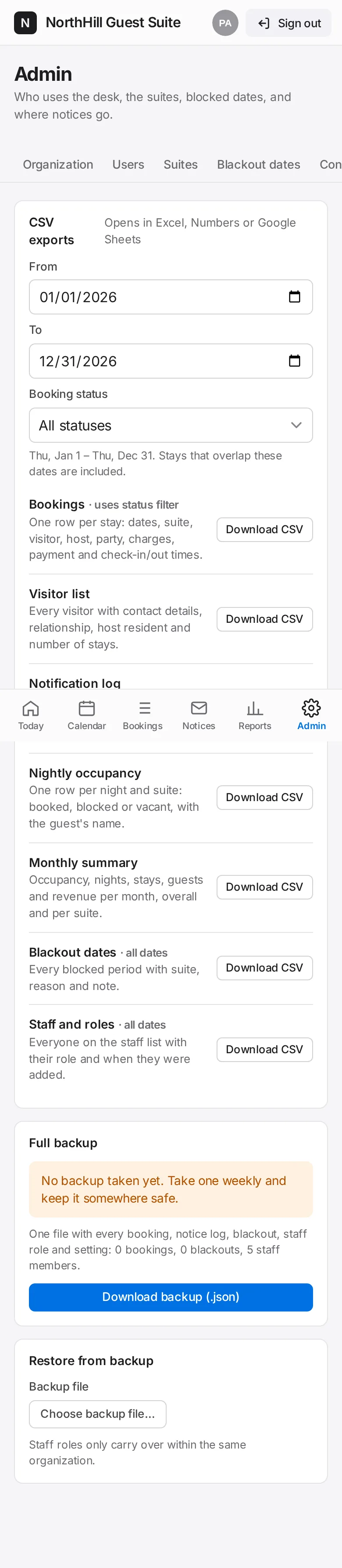 Guest Suite: Tap Admin → Data & backups and scroll to Restore.