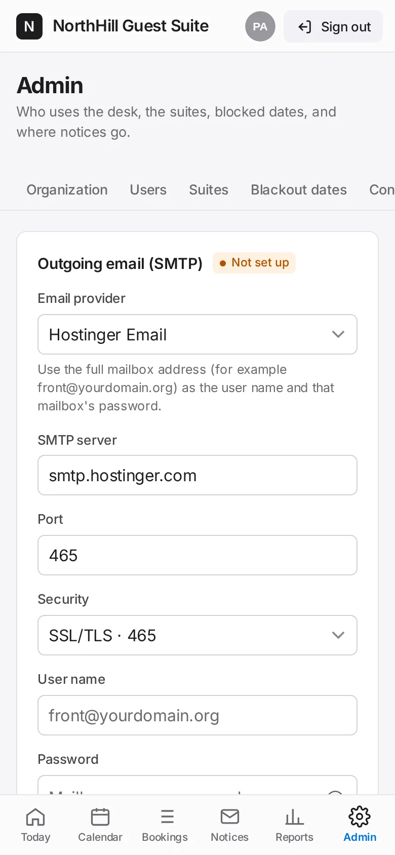 Guest Suite: Tap Admin → Email.