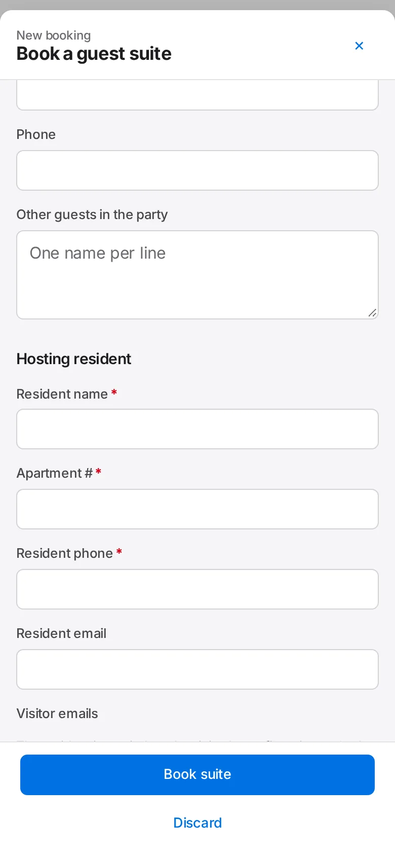 Guest Suite: Enter the hosting resident’s name, apartment number and phone. Add vehicle and plate if they need a visitor space.
