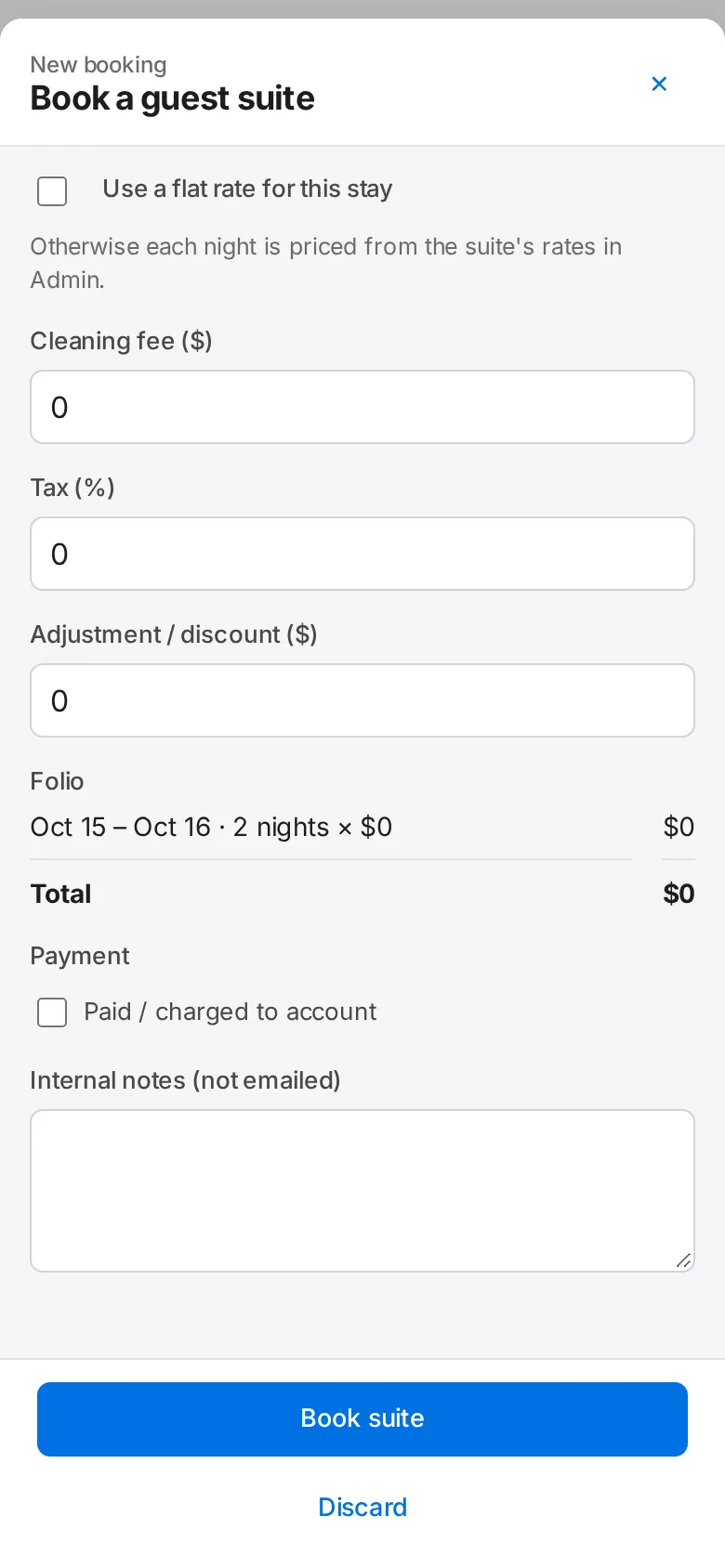 Guest Suite: Under extras, tick an item (set up under Admin → Charges & emails) or tap + One-off charge and enter a name and price.