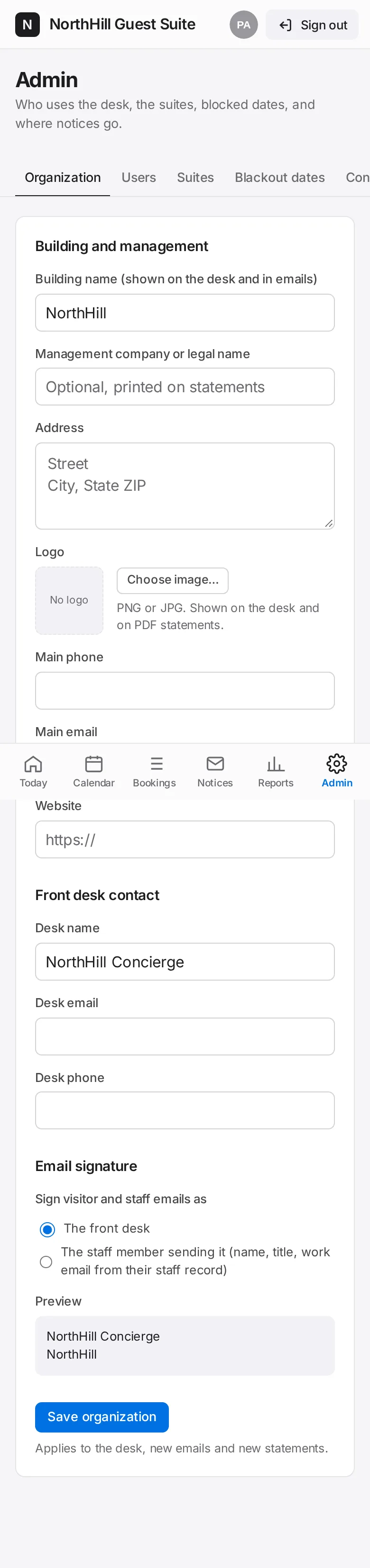 Guest Suite: Enter the building name, management company, address, main phone, email and website. Tap Choose image… to upload a PNG or JPG logo.