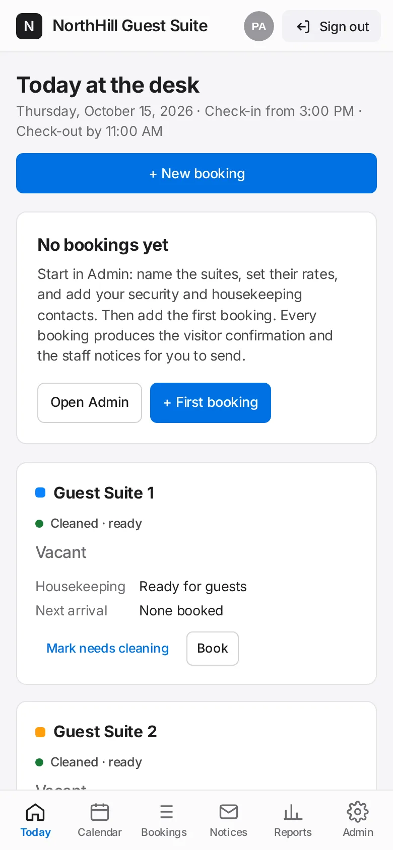 Guest Suite: On Today, tap Mark needs cleaning on the suite card. The card turns to Needs cleaning and housekeeping can see it.