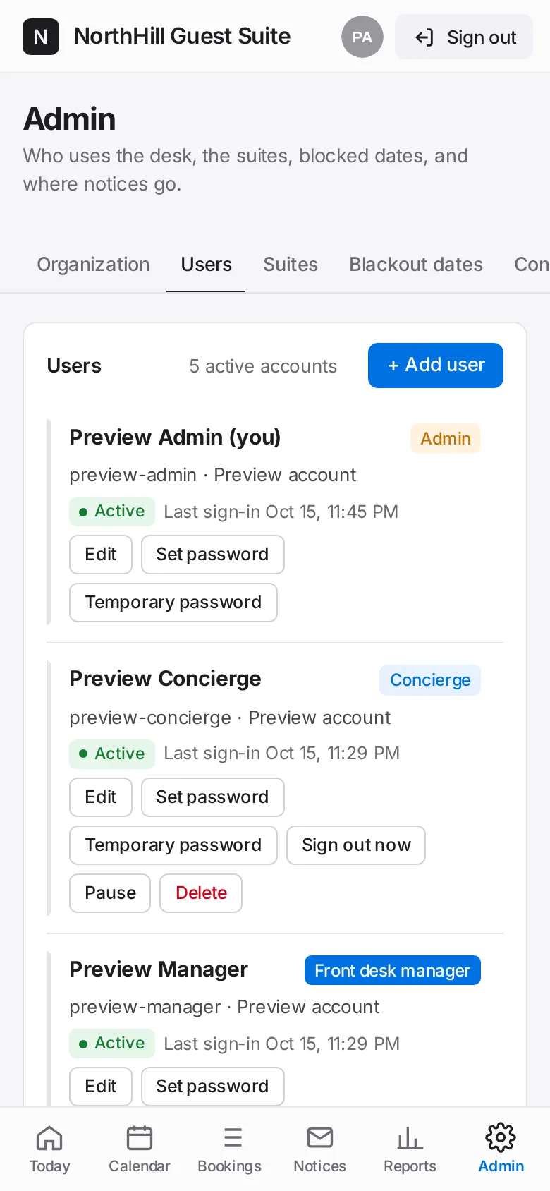 Guest Suite: Tap Admin → Users. Each person shows their role, status and last sign-in.