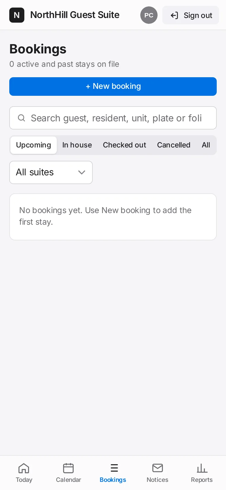Guest Suite: When a guest arrives, open their booking and tap Check in. When they leave, tap Check out.