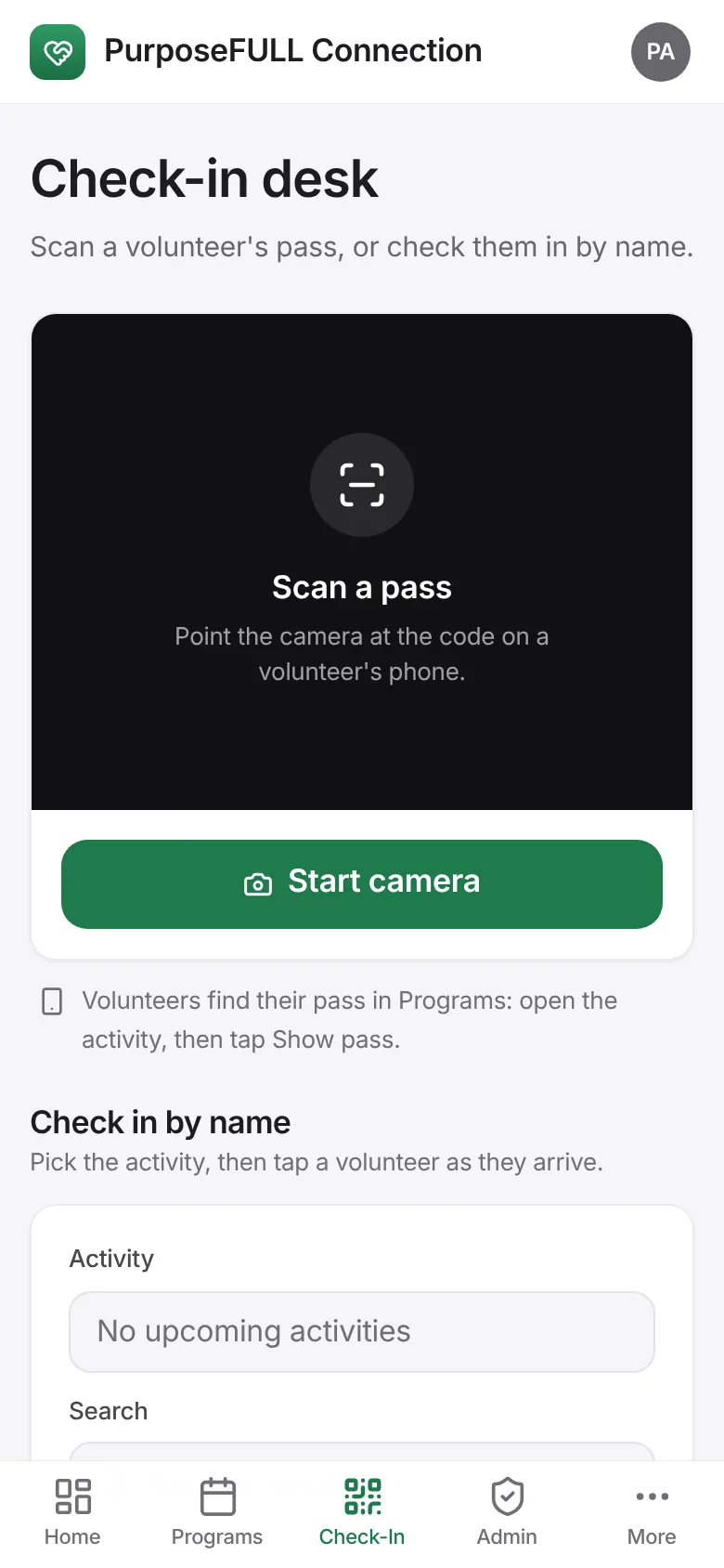 PurposeFULL Connection: Tap Check-In in the tab bar.