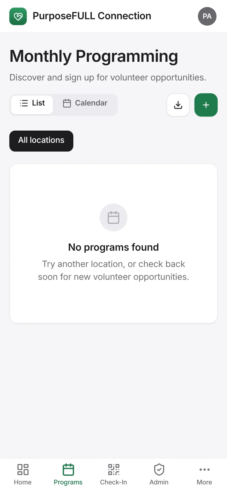 PurposeFULL Connection: Tap Programs → Post activity.
