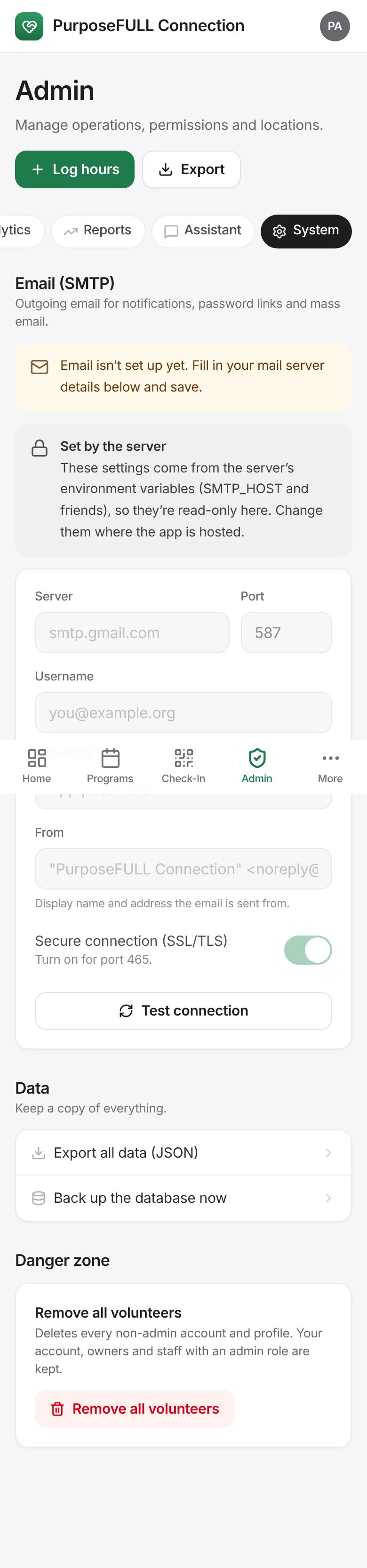 PurposeFULL Connection: Data: Export all data (JSON) or Back up the database now. Backups also run automatically every night.
