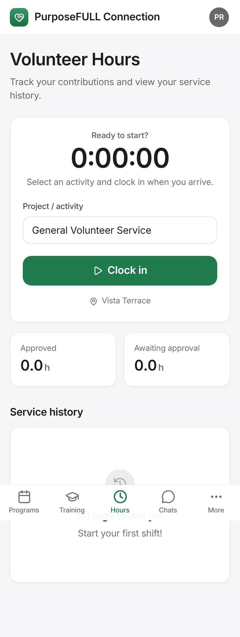 PurposeFULL Connection: Service history lists every entry with its status: Active, Awaiting approval or Approved. Approved hours count towards your totals and badges.