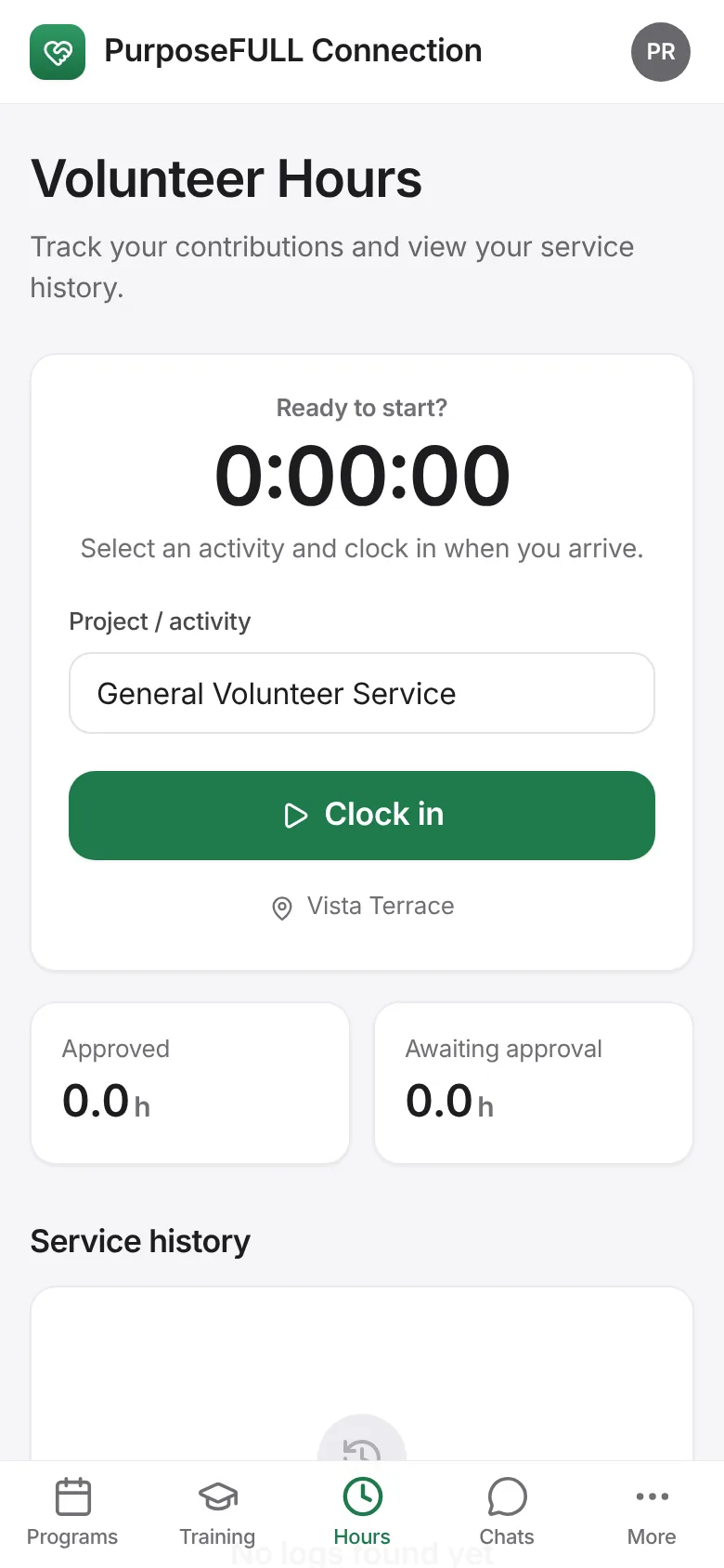 PurposeFULL Connection: On the day, open the program and tap Show pass so the coordinator can check you in, then clock in and out under Hours.