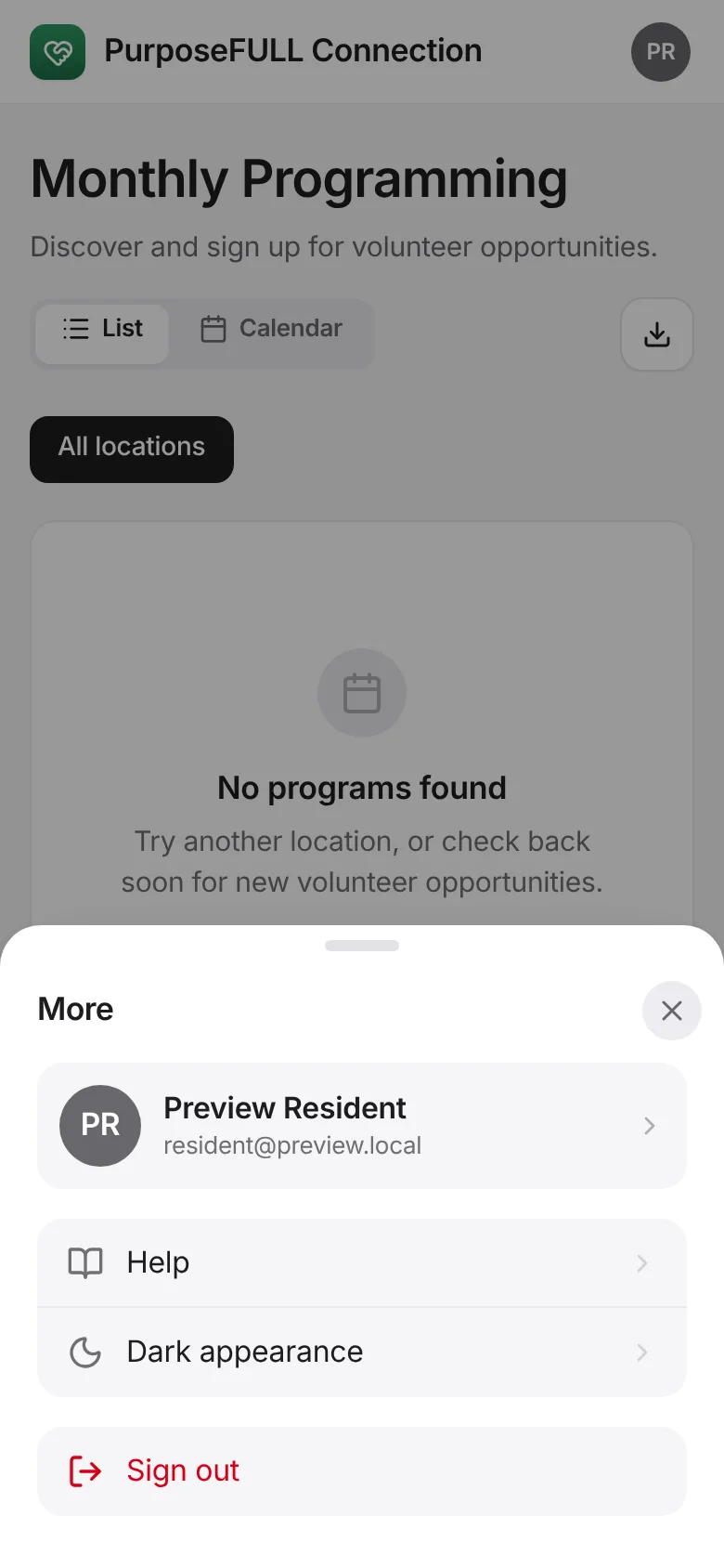 PurposeFULL Connection: Tap More and tap Dark appearance. Tap again to go back to light.