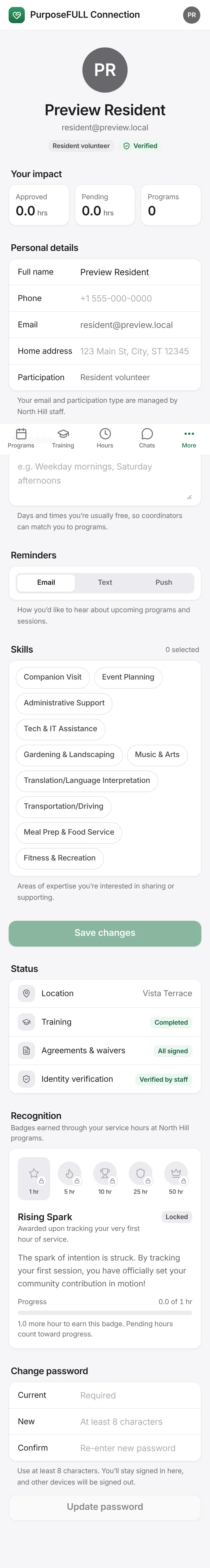 PurposeFULL Connection: Tap More → your name, and scroll to Change password.