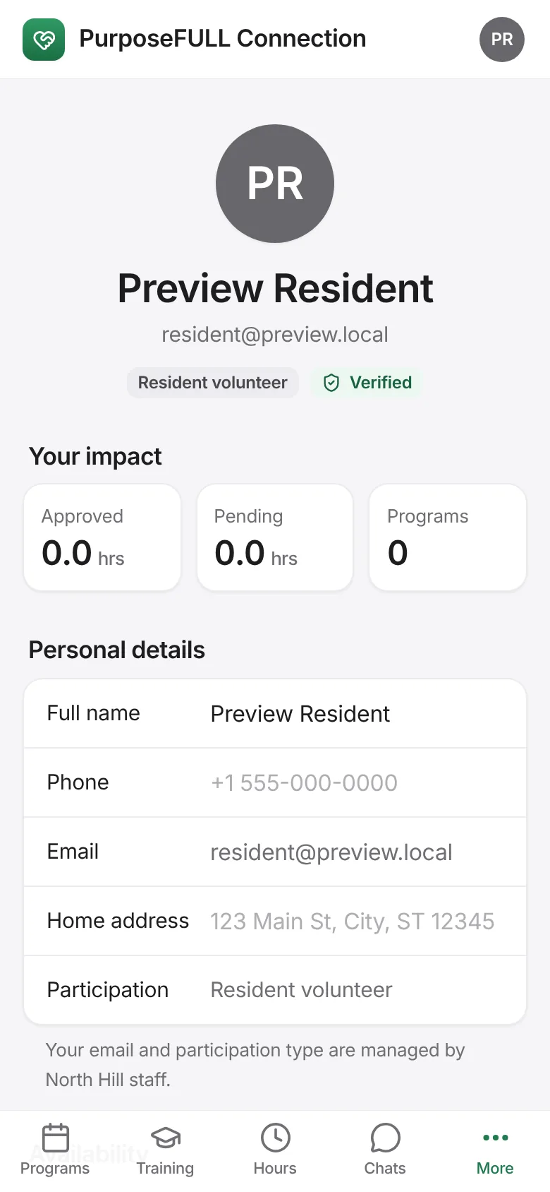 PurposeFULL Connection: Edit your name, phone and home address. Your email and participation type are managed by staff.