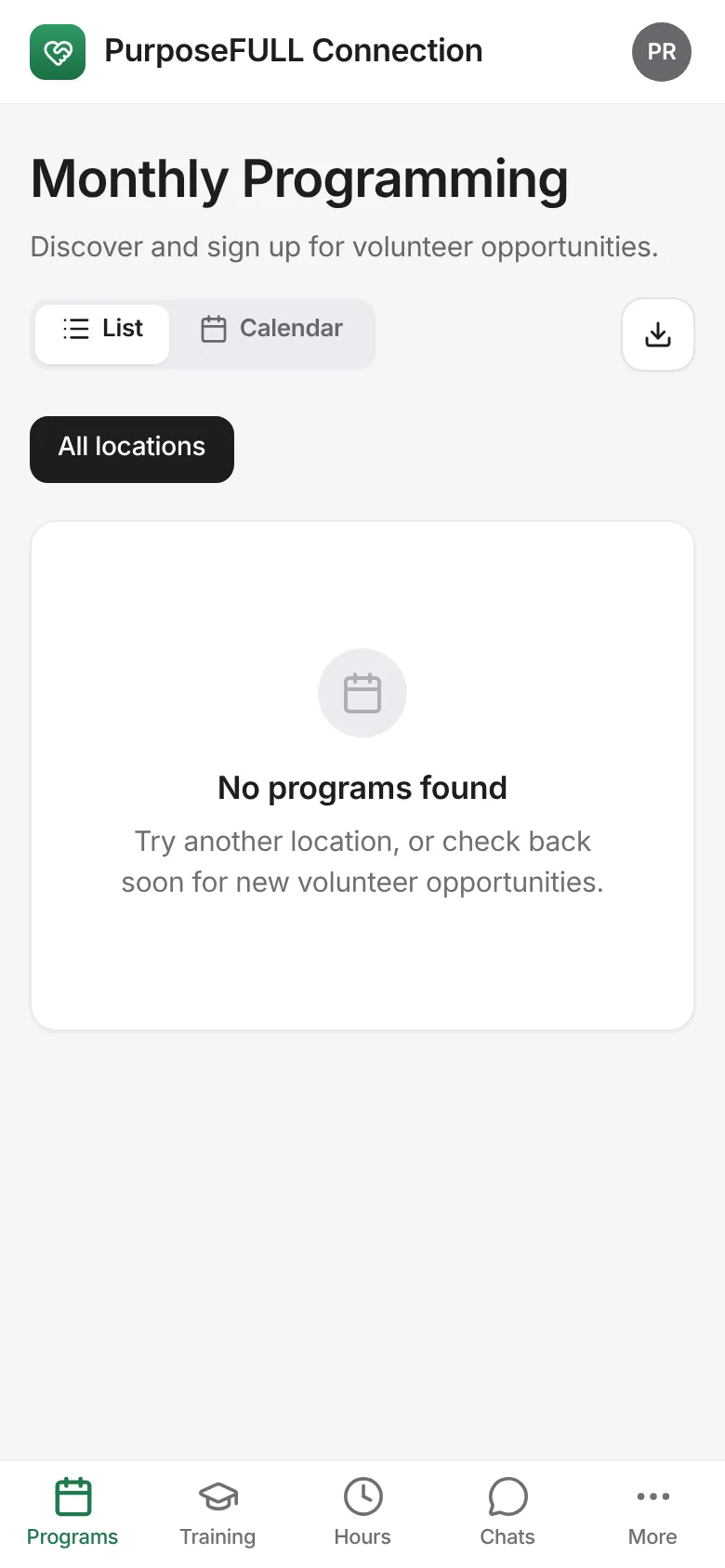PurposeFULL Connection: Tap Programs and find the program under Schedule or in the list.